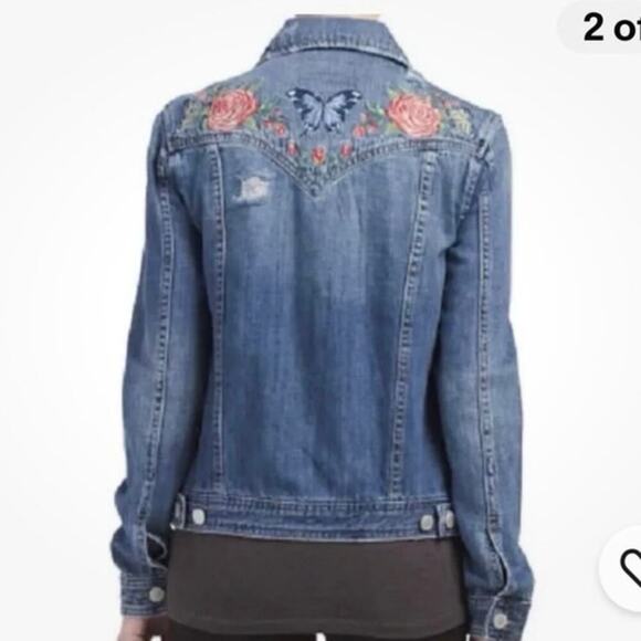 BLANK NYC Embroidered Floral Distressed Denim Jean Jacket Sz L - Picture 2 of 15